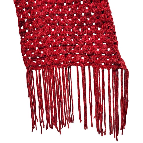 Handmade Red Velvety Smooth Sparkle Crochet Scarf Shawl with Fringe Open Weave - Picture 3 of 9